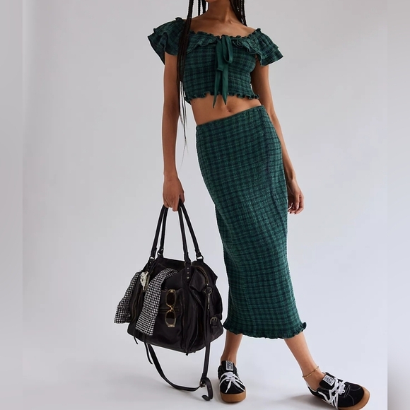 Free People Stretchy Annabeth Green Plaid Top & Skirt 2pc Set, Rainforest, MED - Picture 1 of 13